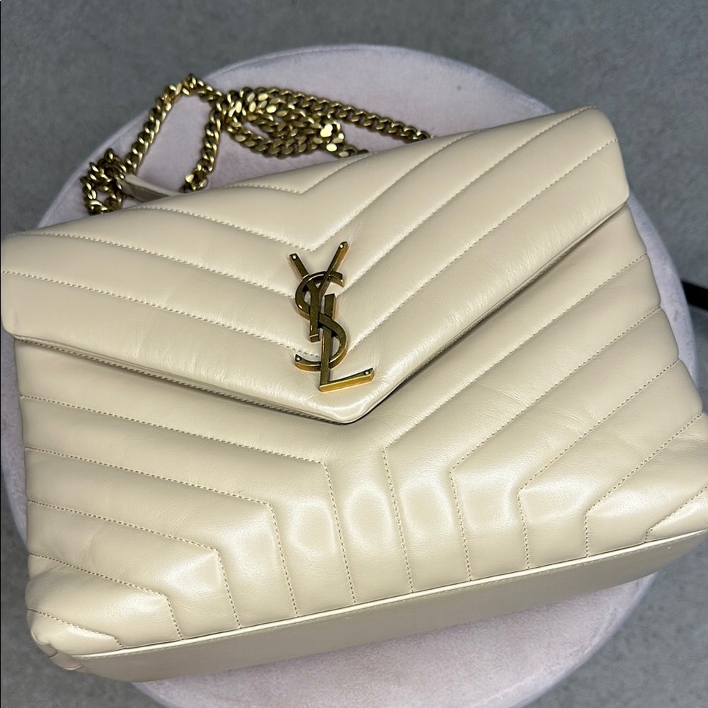 Yves Saint Laurent Cream Gold Chevron Shoulder Bag